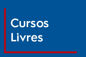 Imagem com fundo azul escuro, linha na cor vermelha em "L" no canto inferior esquerdo da imagem. Ao centro, escrito em branco "Cursos Livres"